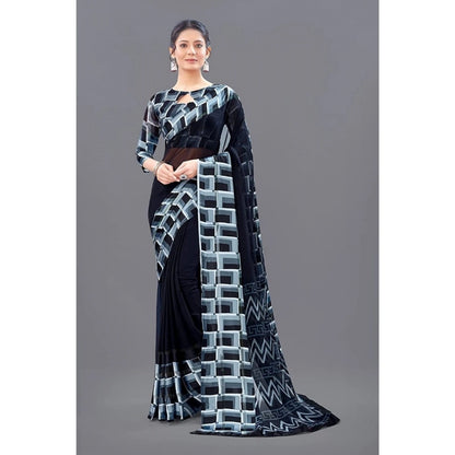 Women's Satin Patta Printed Saree With Unstitched Blouse (Black)