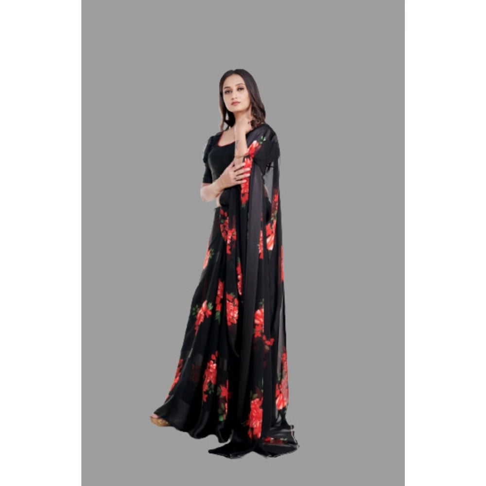 Women's Satin Patta Printed Saree With Unstitched Blouse (Red)