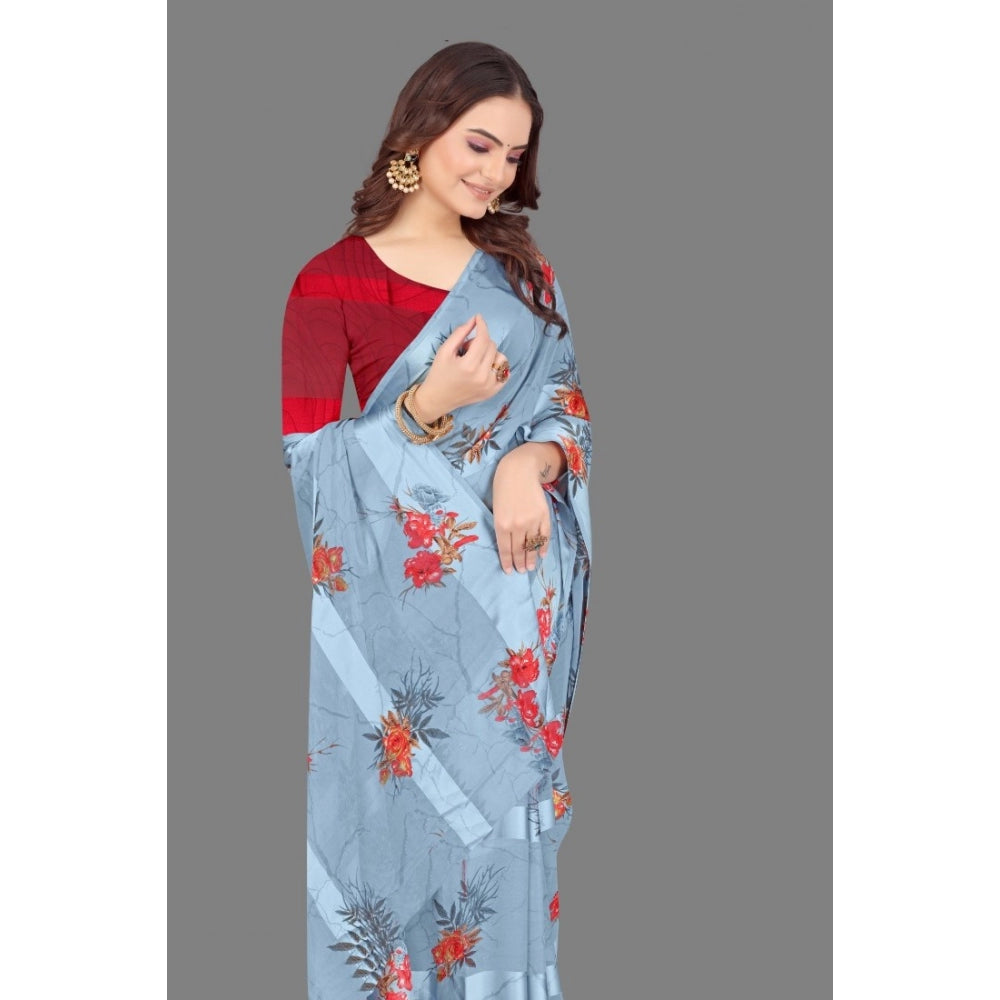 Women's Satin Patta Printed Saree With Unstitched Blouse (Grey)