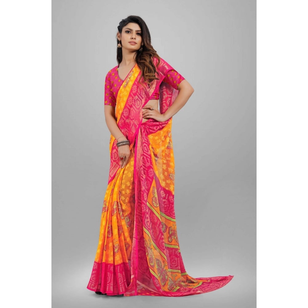 Women's Viscose Rayon Printed Saree With Unstitched Blouse (Yellow)