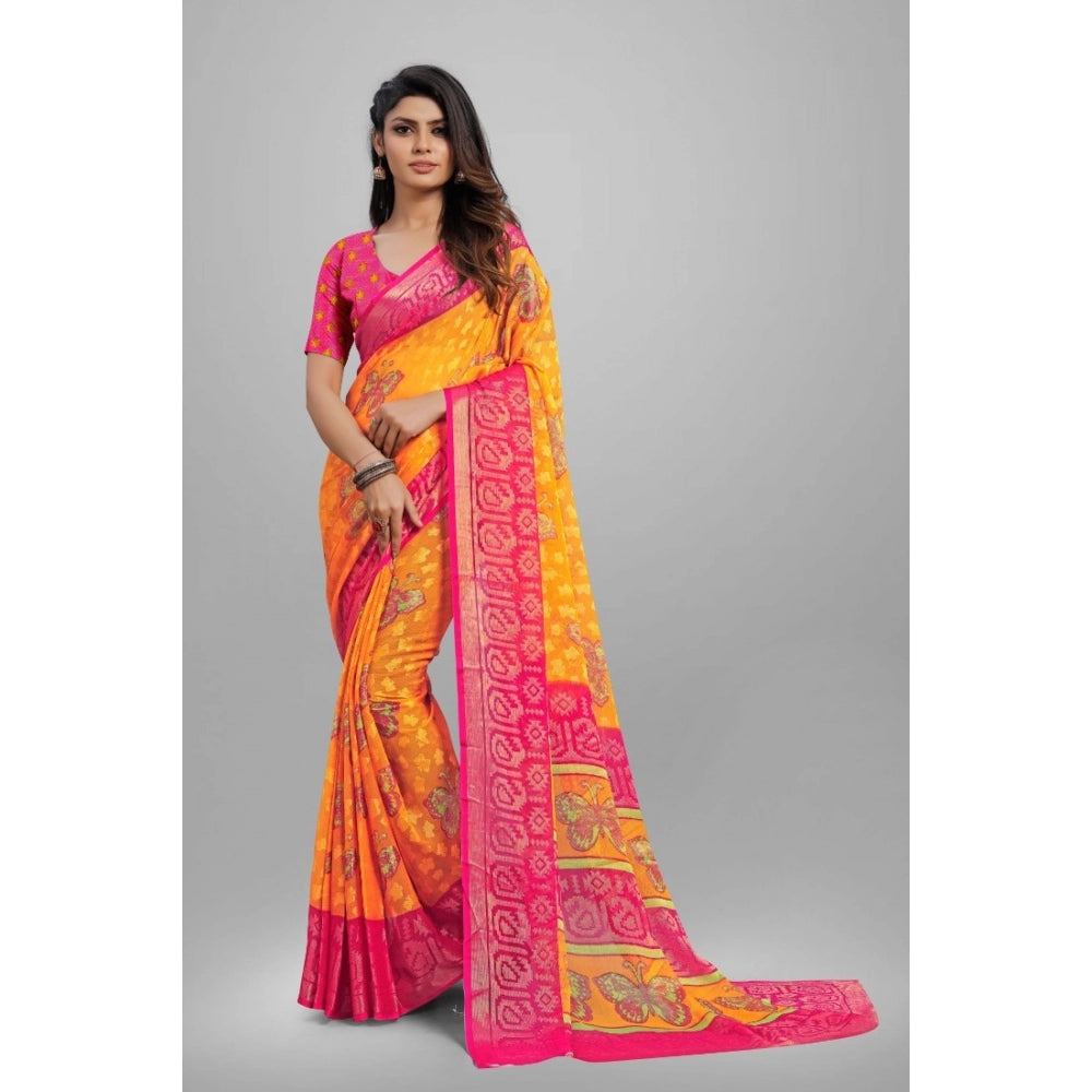 Women's Viscose Rayon Printed Saree With Unstitched Blouse (Yellow)