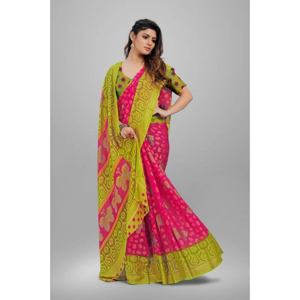 Women's Viscose Rayon Printed Saree With Unstitched Blouse (Pink)