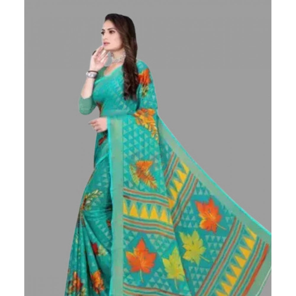 Women's Viscose Rayon Printed Saree With Unstitched Blouse (Teal)