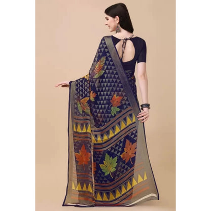 Women's Viscose Rayon Printed Saree With Unstitched Blouse (Navy Blue)