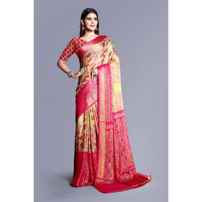 Women's Viscose Rayon Printed Saree With Unstitched Blouse (Pink)