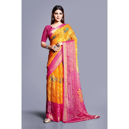 Women's Viscose Rayon Printed Saree With Unstitched Blouse (Yellow)