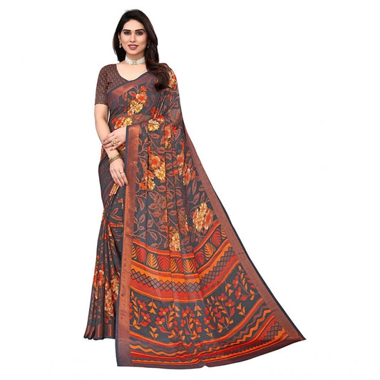 Women's Viscose Rayon Printed Saree With Unstitched Blouse (Grey)