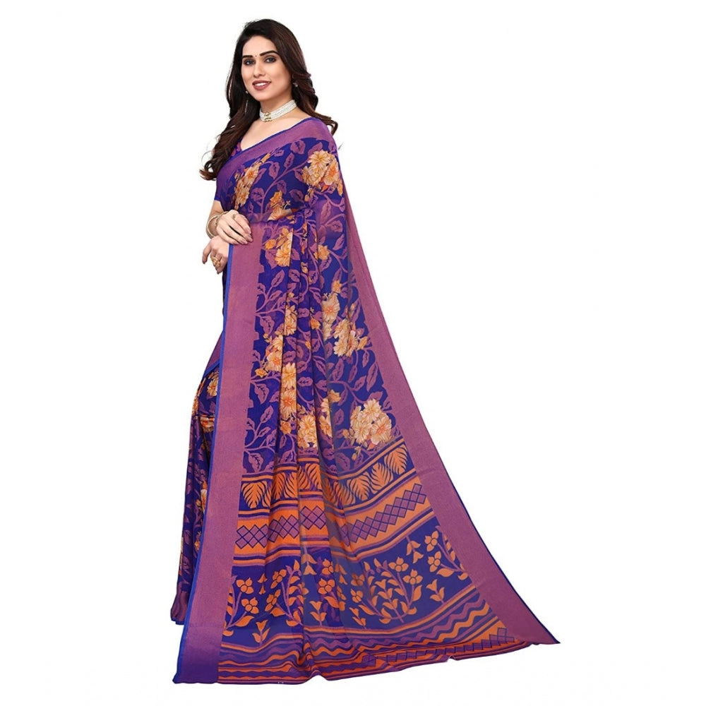 Women's Viscose Rayon Printed Saree With Unstitched Blouse (Blue)