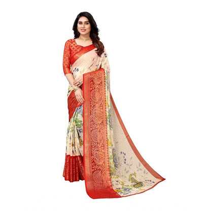 Women's Viscose Rayon Printed Saree With Unstitched Blouse (Red)