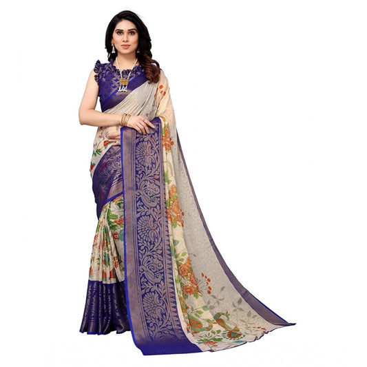 Women's Viscose Rayon Printed Saree With Unstitched Blouse (Blue)