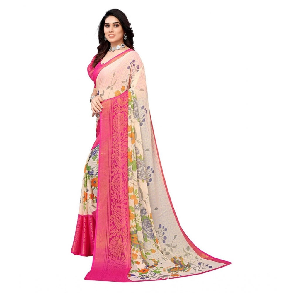 Women's Viscose Rayon Printed Saree With Unstitched Blouse (Pink)