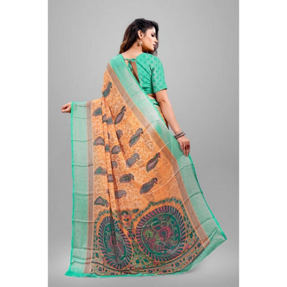 Women's Viscose Rayon Printed Saree With Unstitched Blouse (Orange)