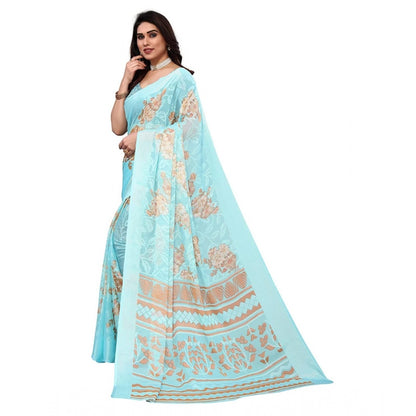 Women's Viscose Rayon Printed Saree With Unstitched Blouse (Sky Blue)