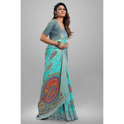 Women's Viscose Rayon Printed Saree With Unstitched Blouse (Sky Blue)