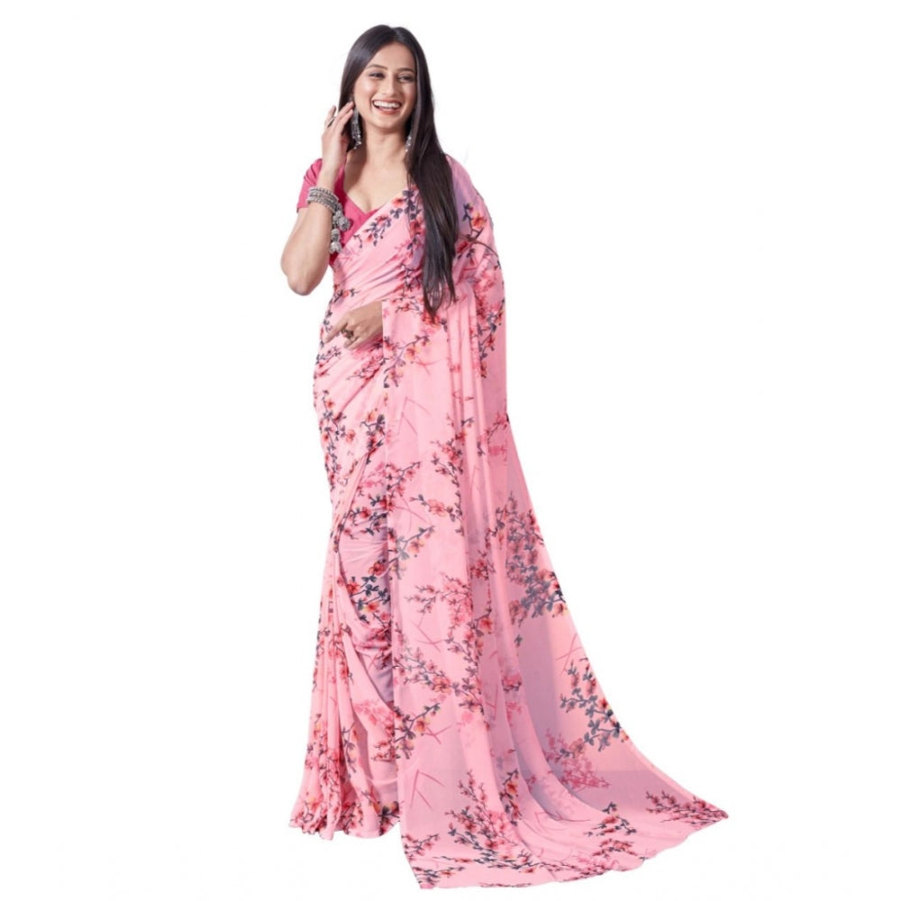 Women's Georgette Printed Saree With Unstitched Blouse (Pink)