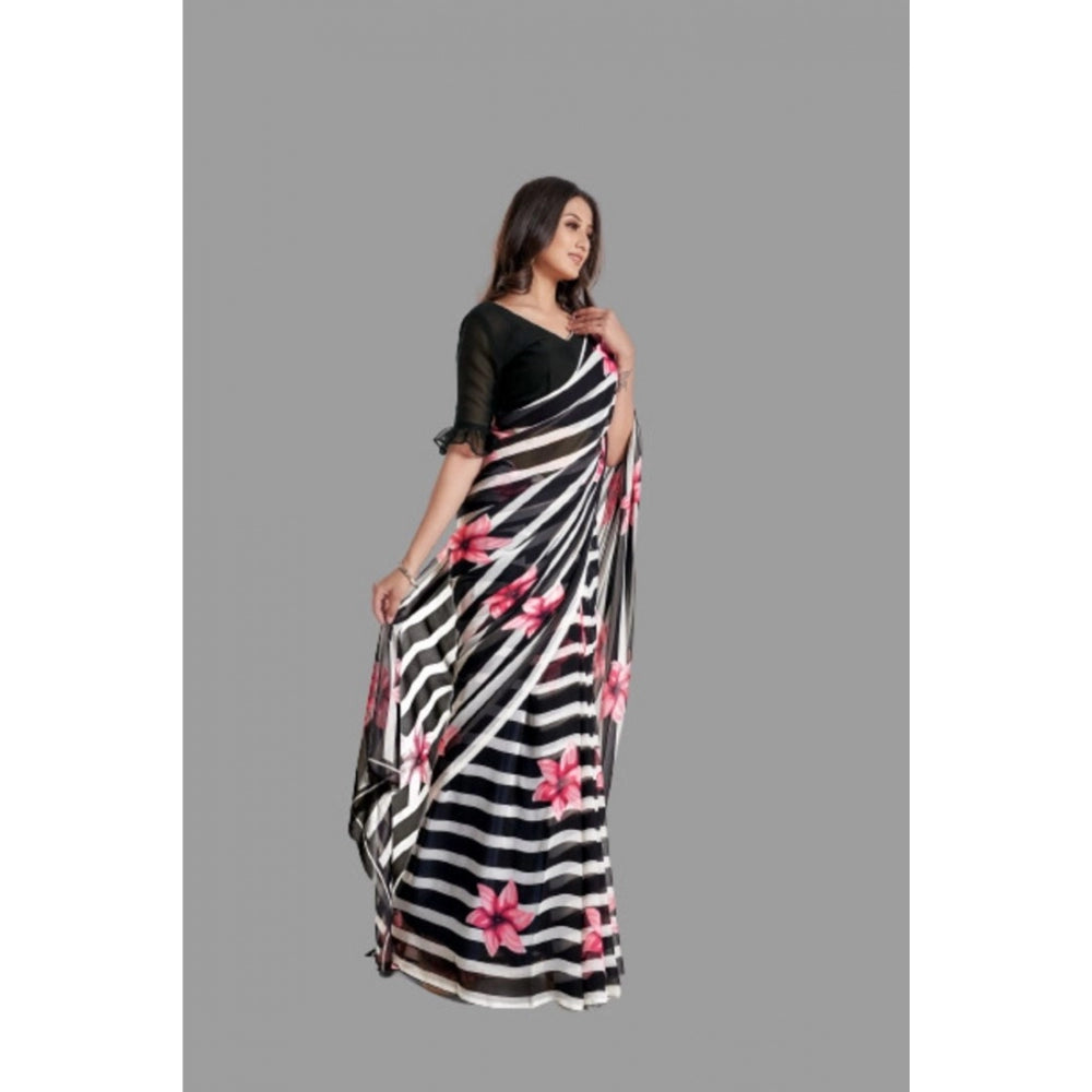 Women's Georgette Printed Saree With Unstitched Blouse (Black)