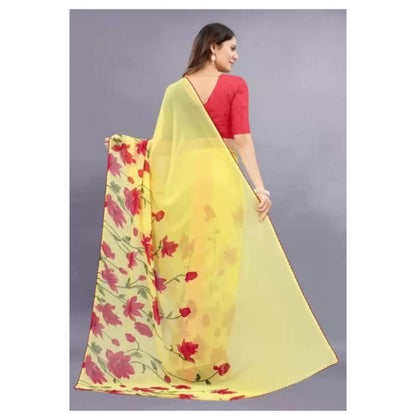 Women's Georgette Printed Saree With Unstitched Blouse (Yellow)