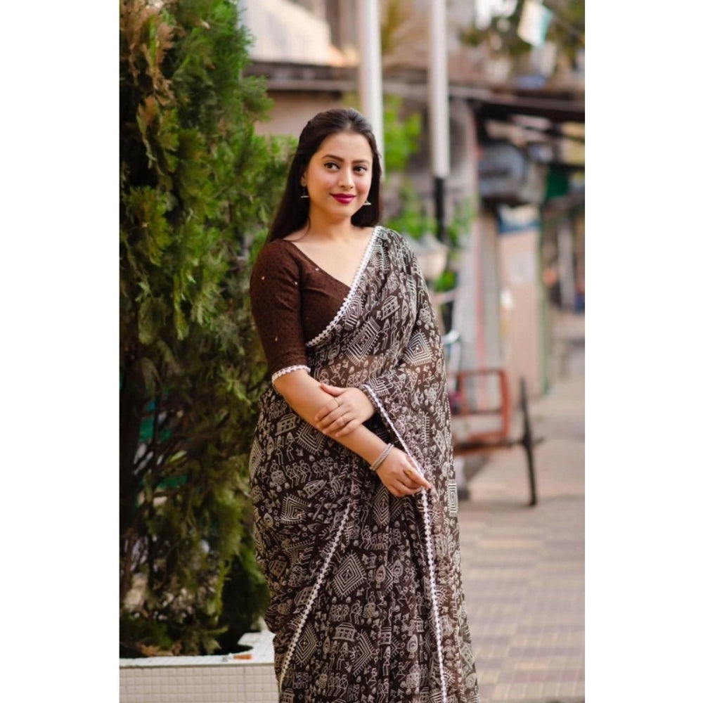 Women's Georgette Printed Saree With Unstitched Blouse (Brown)