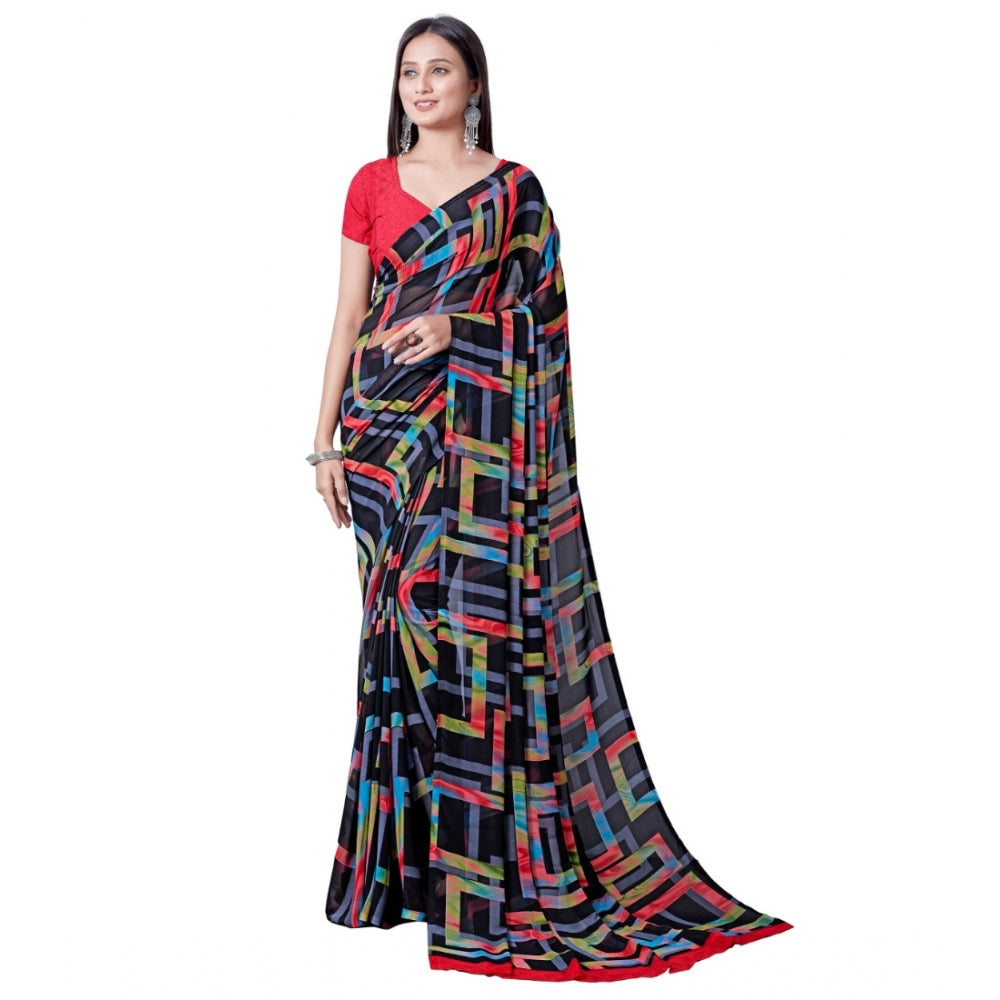 Women's Georgette Printed Saree With Unstitched Blouse (Red)