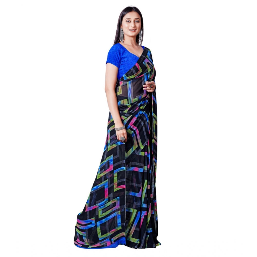 Women's Georgette Printed Saree With Unstitched Blouse (Blue)