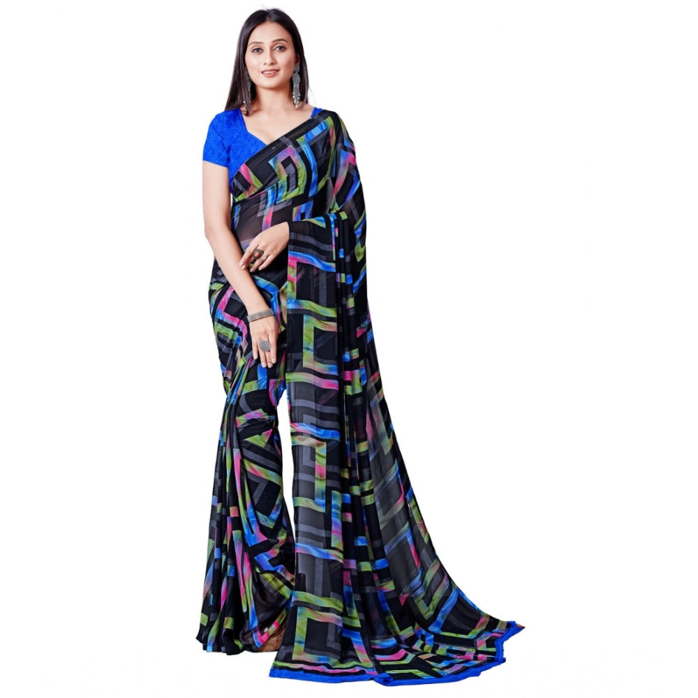 Women's Georgette Printed Saree With Unstitched Blouse (Blue)