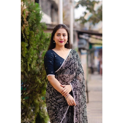 Women's Georgette Printed Saree With Unstitched Blouse (Black)