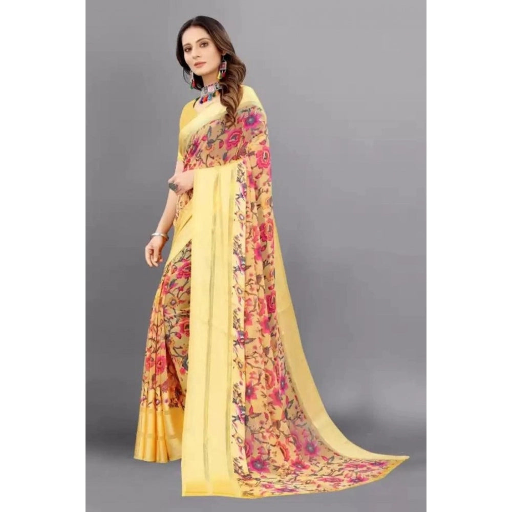 Women's Satin Patta Printed Saree With Unstitched Blouse (Yellow)