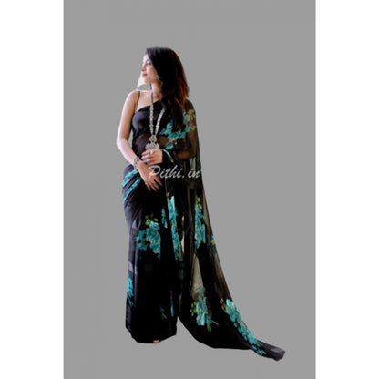 Women's Satin Patta Printed Saree With Unstitched Blouse (Blue)