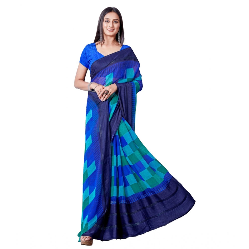 Women's Satin Patta Printed Saree With Unstitched Blouse (Skyblue)