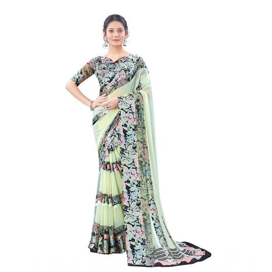 Women's Satin Patta Printed Saree With Unstitched Blouse (Cream)