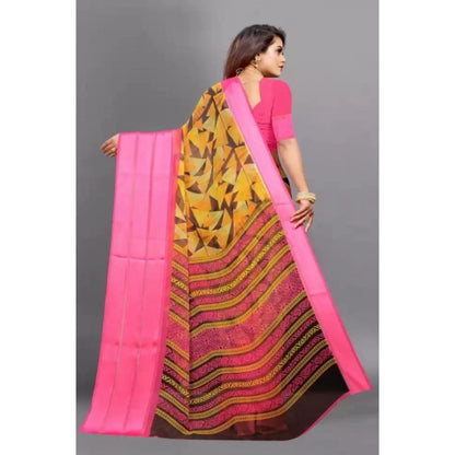 Women's Satin Patta Printed Saree With Unstitched Blouse (Pink)