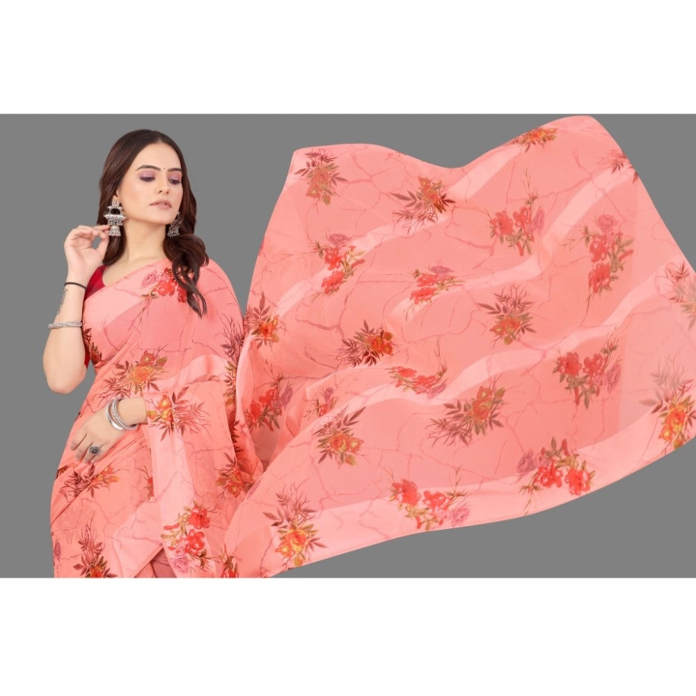 Women's Satin Patta Printed Saree With Unstitched Blouse (Peach)