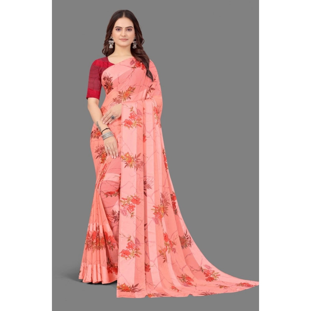 Women's Satin Patta Printed Saree With Unstitched Blouse (Peach)