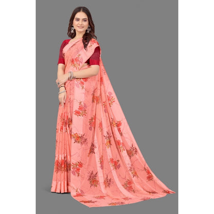 Women's Satin Patta Printed Saree With Unstitched Blouse (Peach)