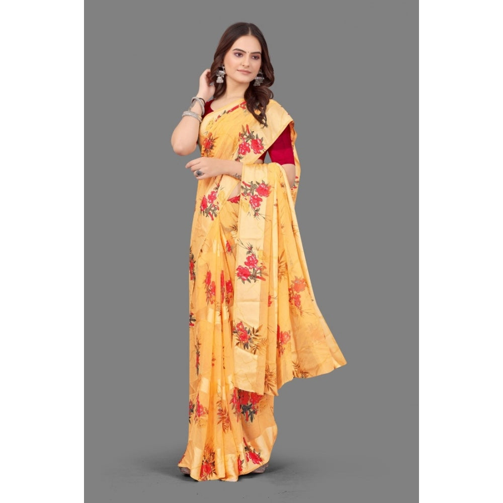 Women's Satin Patta Printed Saree With Unstitched Blouse (Beige)