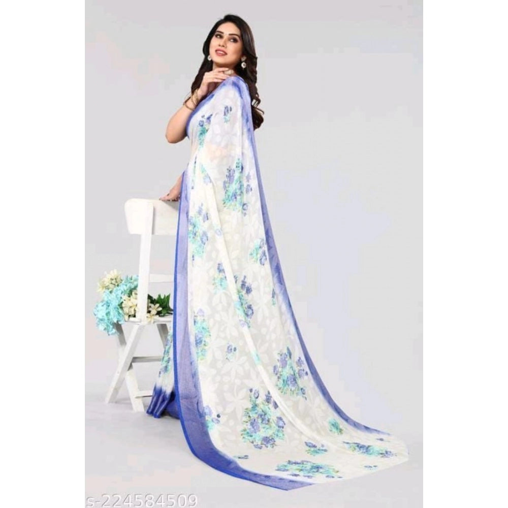 Women's Viscose Rayon Printed Saree With Unstitched Blouse (Blue)