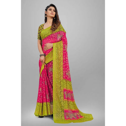 Women's Viscose Rayon Printed Saree With Unstitched Blouse (Pink)