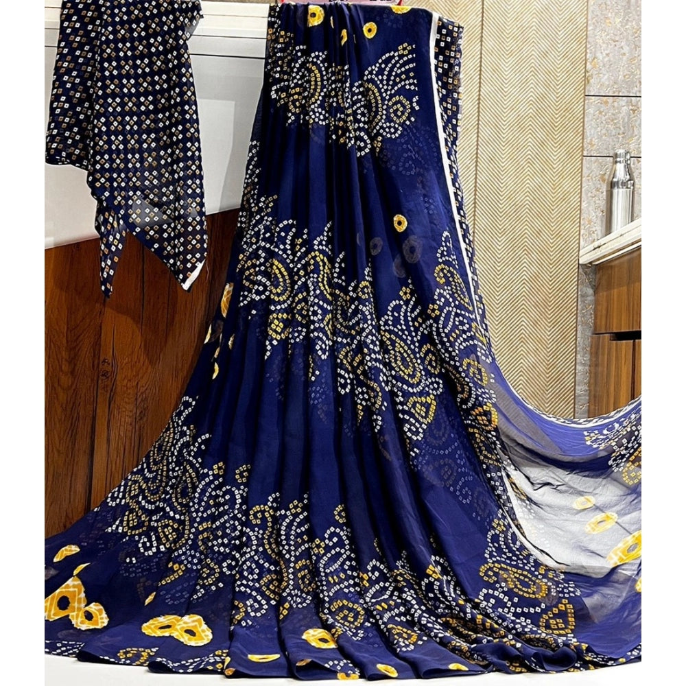 Women's Georgette Printed Saree With Unstitched Blouse (Navy Blue)