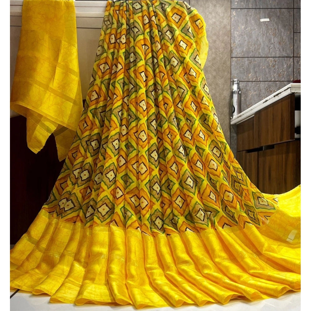 Women's Satin Patta Printed Saree With Unstitched Blouse (Yellow)