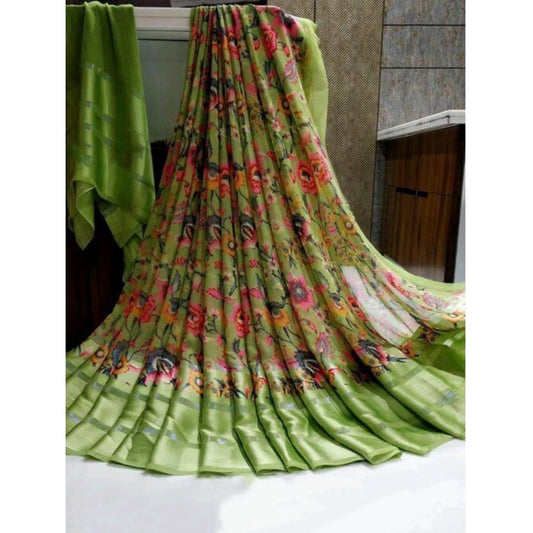 Women's Satin Patta Printed Saree With Unstitched Blouse (Green)