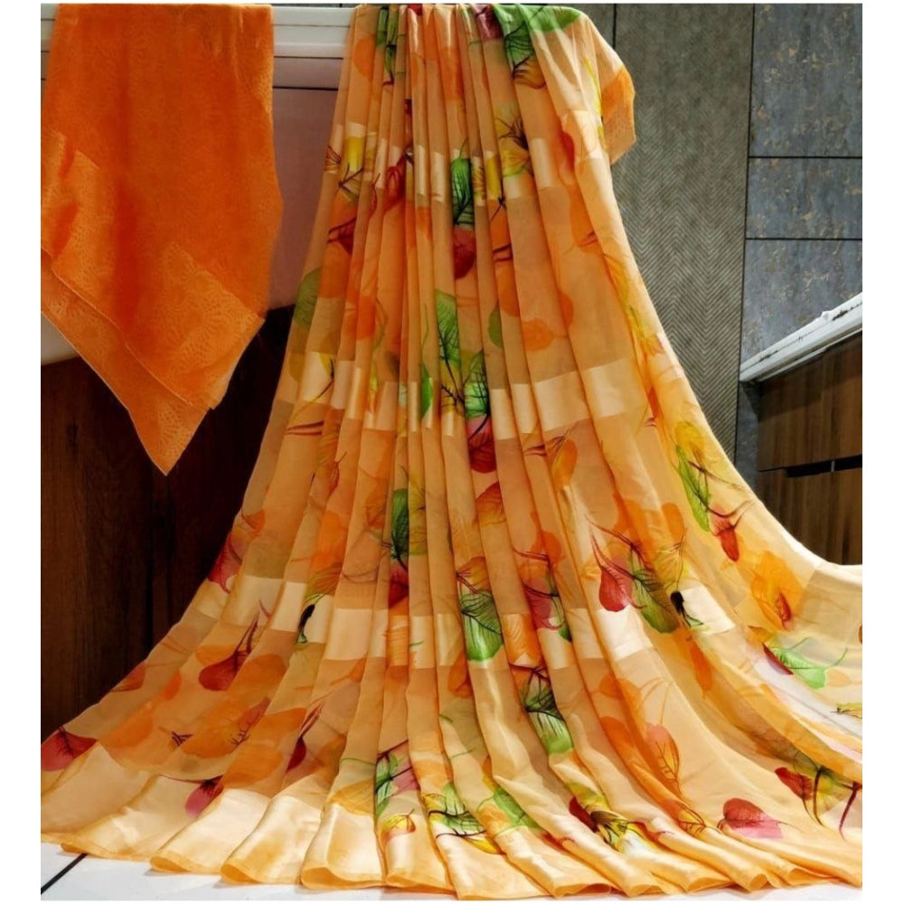 Women's Satin Patta Printed Saree With Unstitched Blouse (Orange)