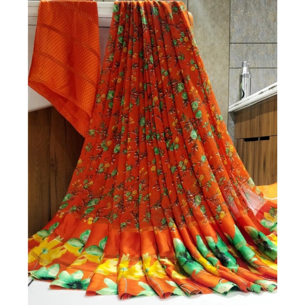 Women's Satin Patta Printed Saree With Unstitched Blouse (Orange)