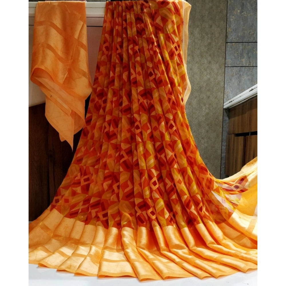 Women's Satin Patta Printed Saree With Unstitched Blouse (Orange)