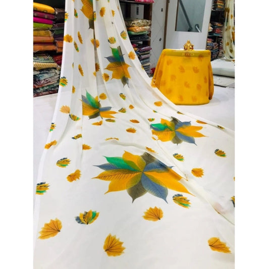 Women's Georgette Printed Saree With Unstitched Blouse (Yellow)