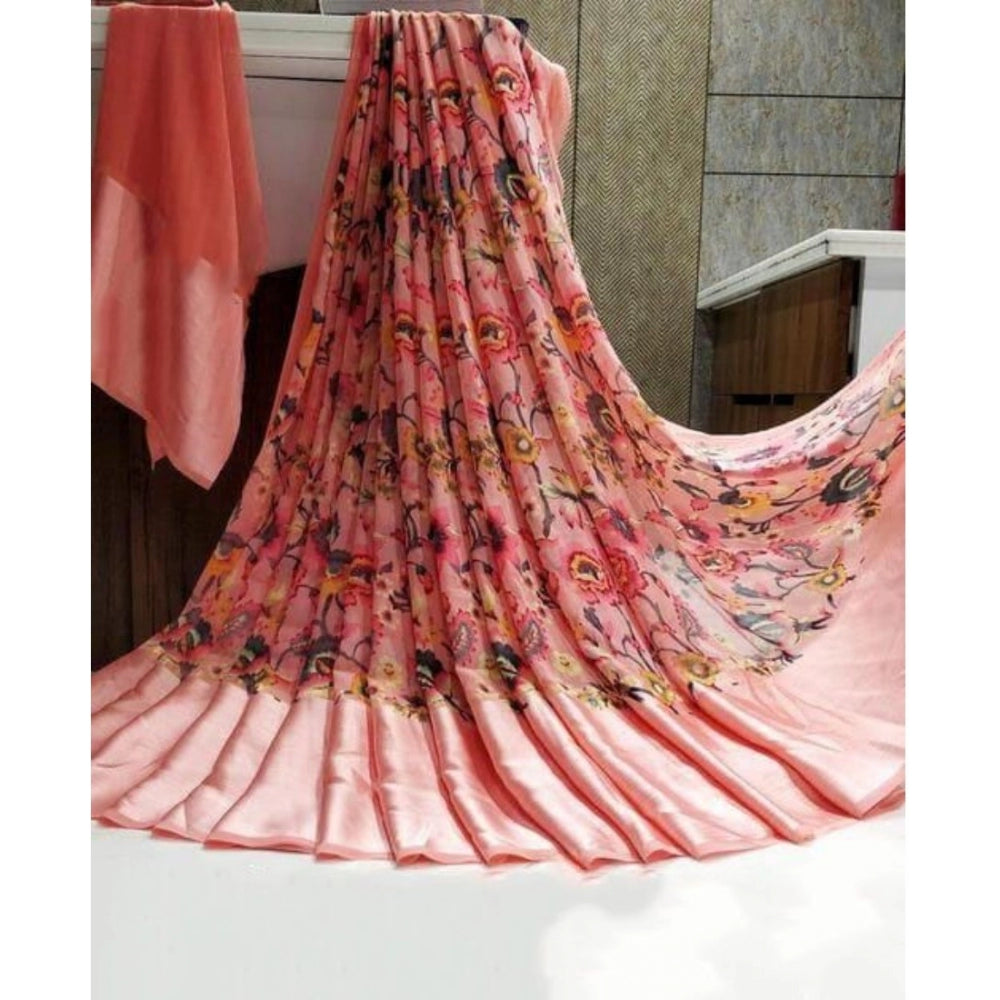 Women's Satin Patta Printed Saree With Unstitched Blouse (Pink)