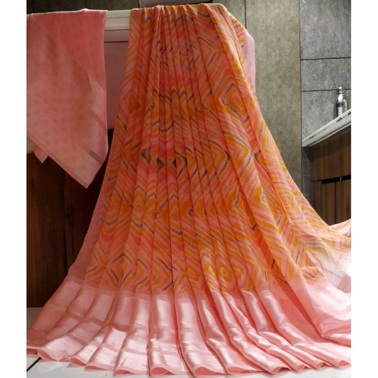 Women's Satin Patta Printed Saree With Unstitched Blouse (Peach)