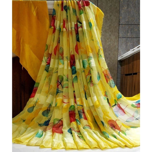 Women's Satin Patta Printed Saree With Unstitched Blouse (Yellow)