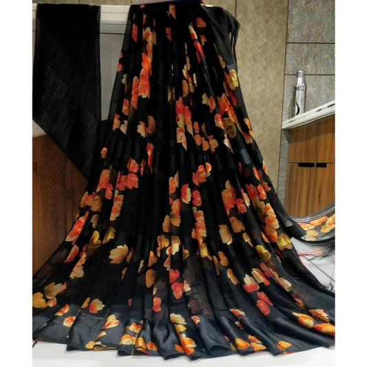 Women's Satin Patta Printed Saree With Unstitched Blouse (Black)