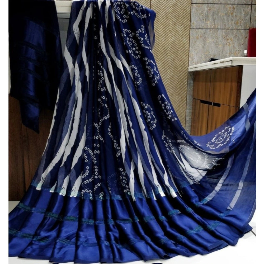 Women's Satin Patta Printed Saree With Unstitched Blouse (Blue)