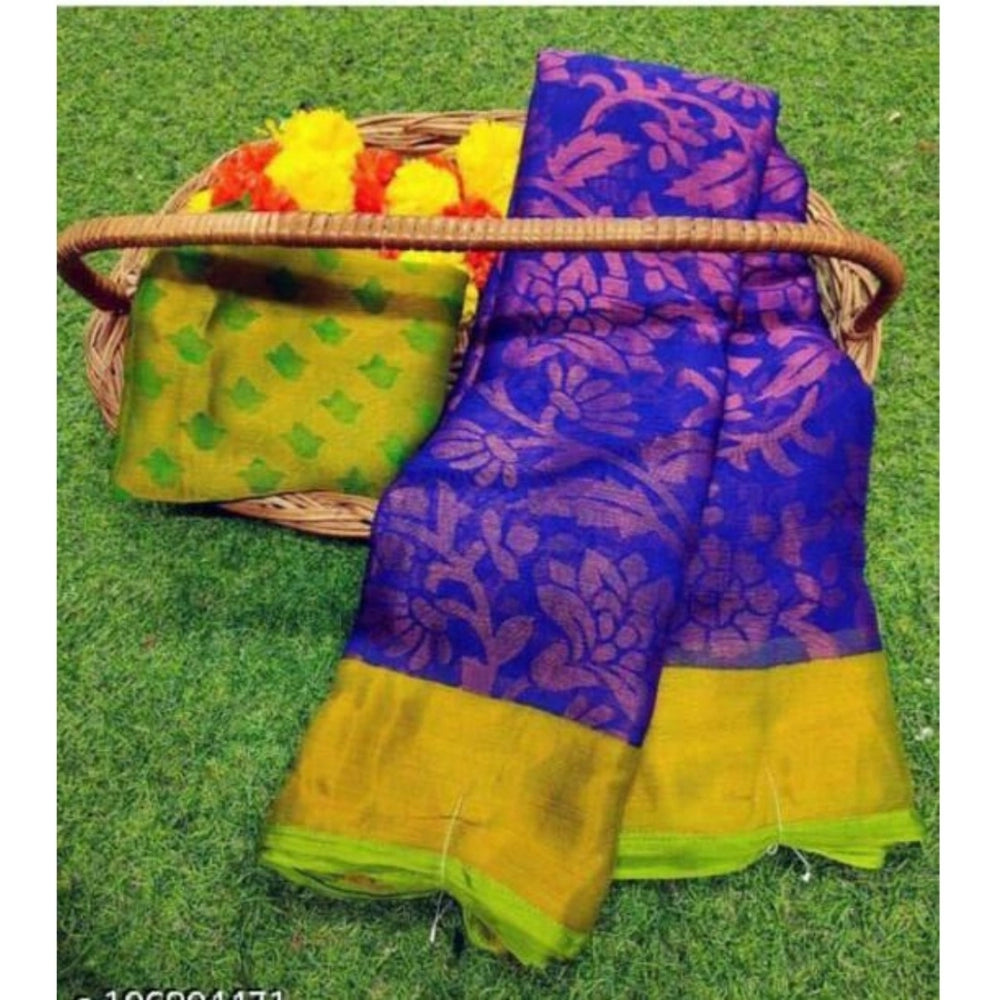 Women's Viscose Rayon Printed Saree With Unstitched Blouse (Royal Blue)